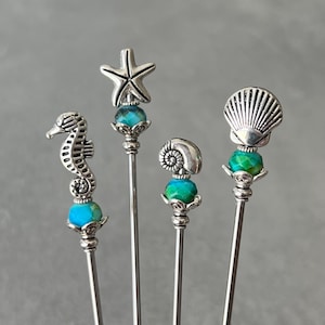 swizzle stick - drink stirrer - barware - antiqued silver plated metal sea life w/aqua glass and metal accents - food grade stainless steel