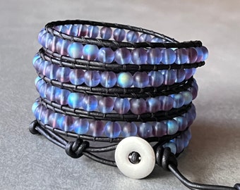 wrap bracelet beaded leather - frosted iridescent purple mermaid glass on black leather - round distressed silver toned metal button
