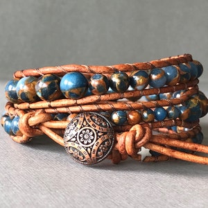 wrap bracelet beaded leather - blue impression jasper semi precious gemstone on brown leather - antiqued copper toned floral motif button