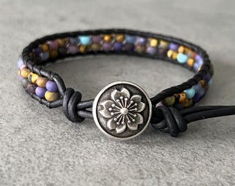 wrap bracelet beaded leather - seed bead bracelet - flower jewelry - colorful Czech glass beads on soft black leather - pewter metal button