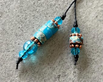beaded string bookmark - thong bookmark - blue bookmark - imperial jasper gemstone with metal and glass accents on black cord