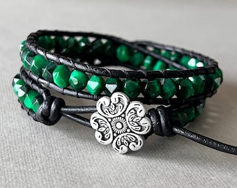 wrap bracelet beaded leather - gemstone jewelry - green dyed tiger eye gemstone - black leather - artisan shamrock clover pewter button