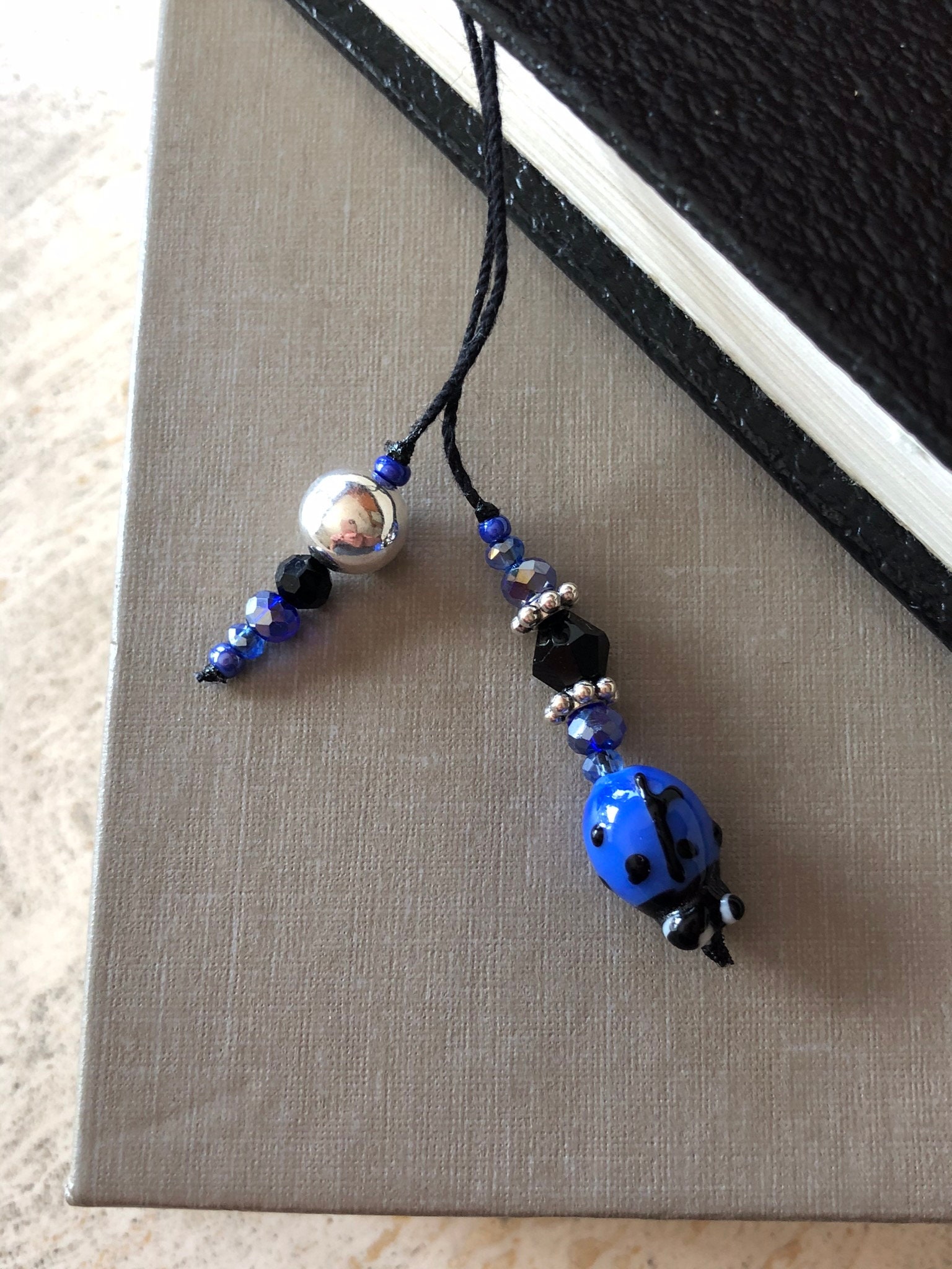 Beaded string bookmark thong bookmark blue glass ladybug | Etsy