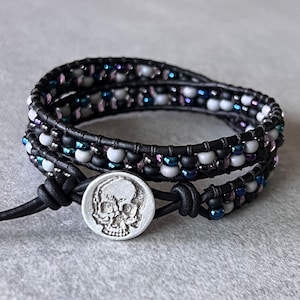 wrap bracelet beaded leather - skull jewelry - Halloween - black/gray/blue iris Czech glass - soft black leather - pewter metal skull button