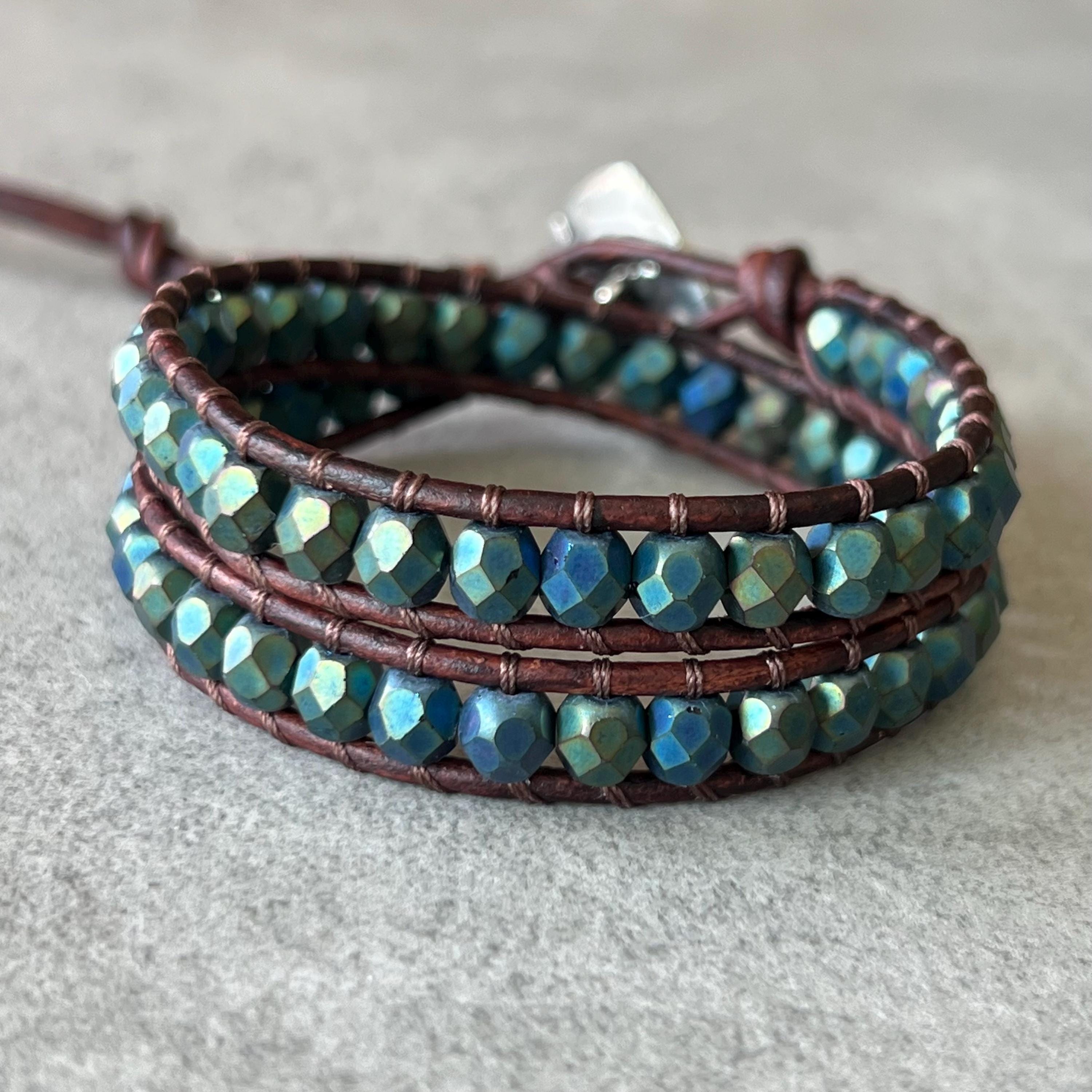 Wrap Bracelet Beaded Leather - Tropical Fish Jewelry - Blue