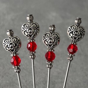 cocktail picks - food picks - silver filigree heart w/red glass and silver plated metal accents - food grade stainless steel - set of 4