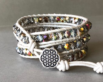 wrap bracelet beaded leather - mixed iridescent clear Czech glass crystals on pearlescent white leather - antiqued silver toned metal button