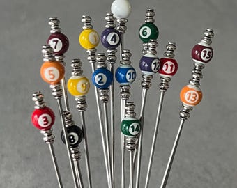 Pool Billiard Cocktail Picks - Painted Metal & Food Grade Stainless Steel - Set of 16
