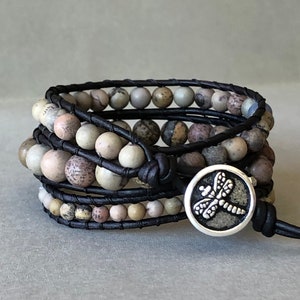 wrap bracelet beaded leather - jasper semi precious stone w/hematite accents on black leather - antiqued silver toned metal dragonfly button