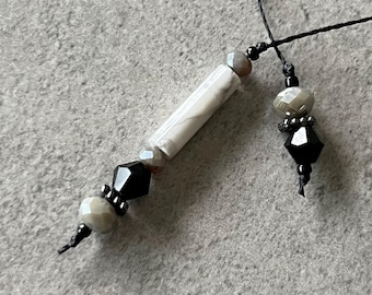 beaded string bookmark - thong bookmark - gray bookmark - howlite gemstone with metal and glass accents on black cord
