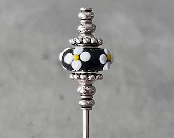 swizzle stick - drink stirrer - coffee stirrer - black and white floral glass w/silver plated metal accents - food grade stainless steel
