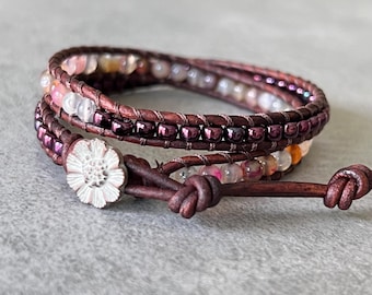 wrap bracelet beaded leather - colorful bracelet - agate gemstone - metallic purple glass - dark brown leather - flower metal button