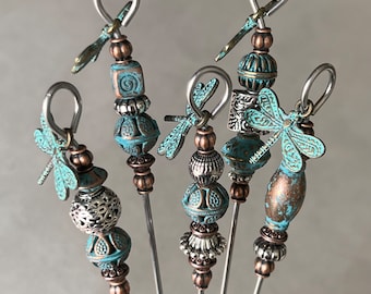 cake tester - cookie scribe - dragonfly - silver and copper toned metal w/blue patina accents - food grade stainless steel - w/magnetic hook