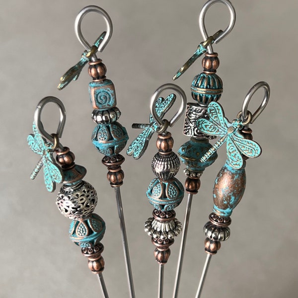 cake tester - cookie scribe - dragonfly - silver and copper toned metal w/blue patina accents - food grade stainless steel - w/magnetic hook