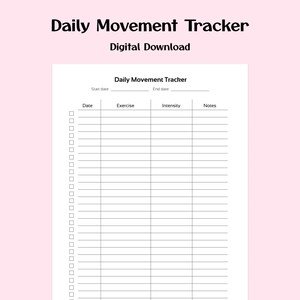 Daily Movement Exercise Workout Tracker Digital Download / Printable / Health & Fitness Log