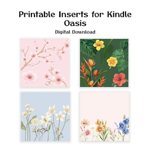 May include: Four printable digital downloads featuring floral designs. The designs include pink cherry blossoms, tropical flowers, white lilies, and a mix of wildflowers.