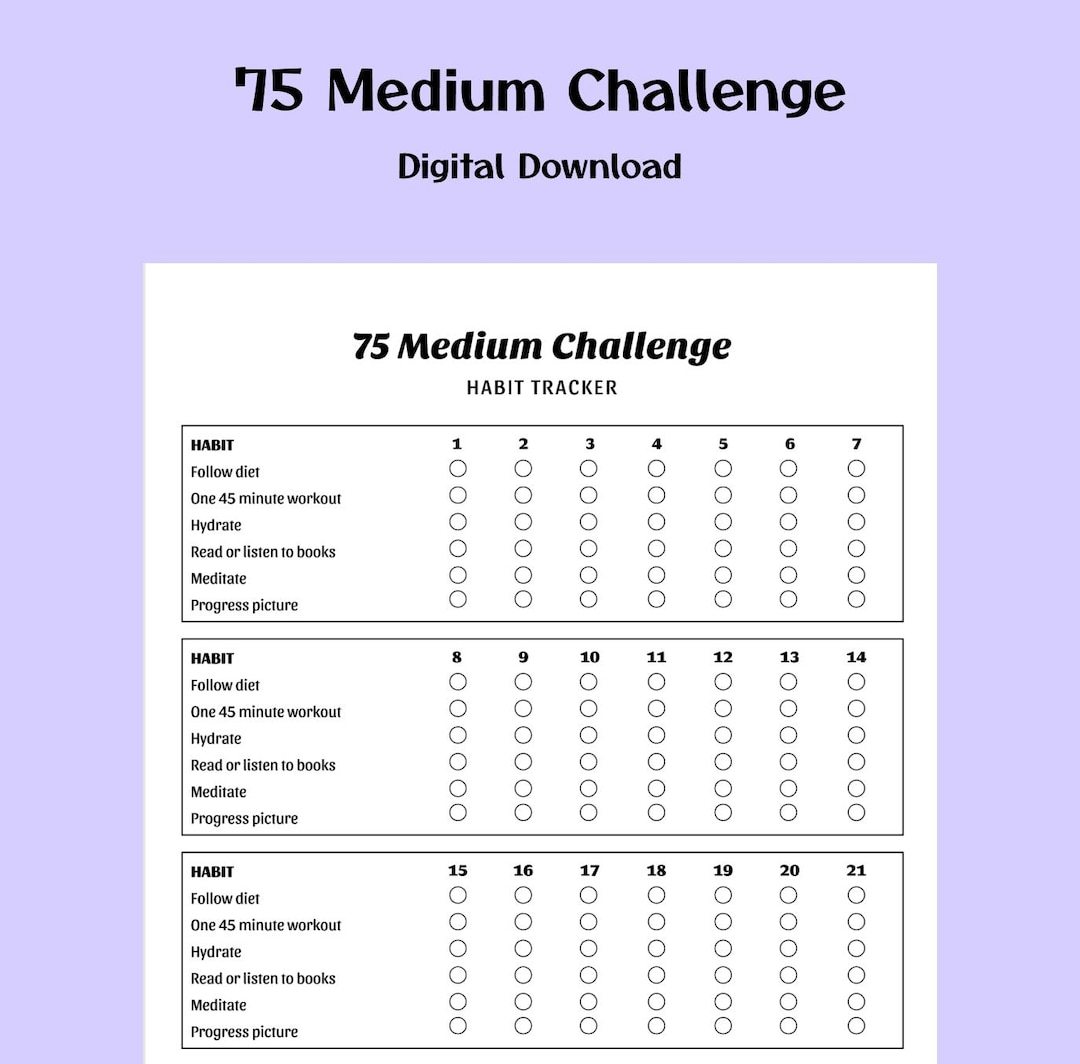 75 Medium Challenge Tracker Template - Printable / Digital Download ...