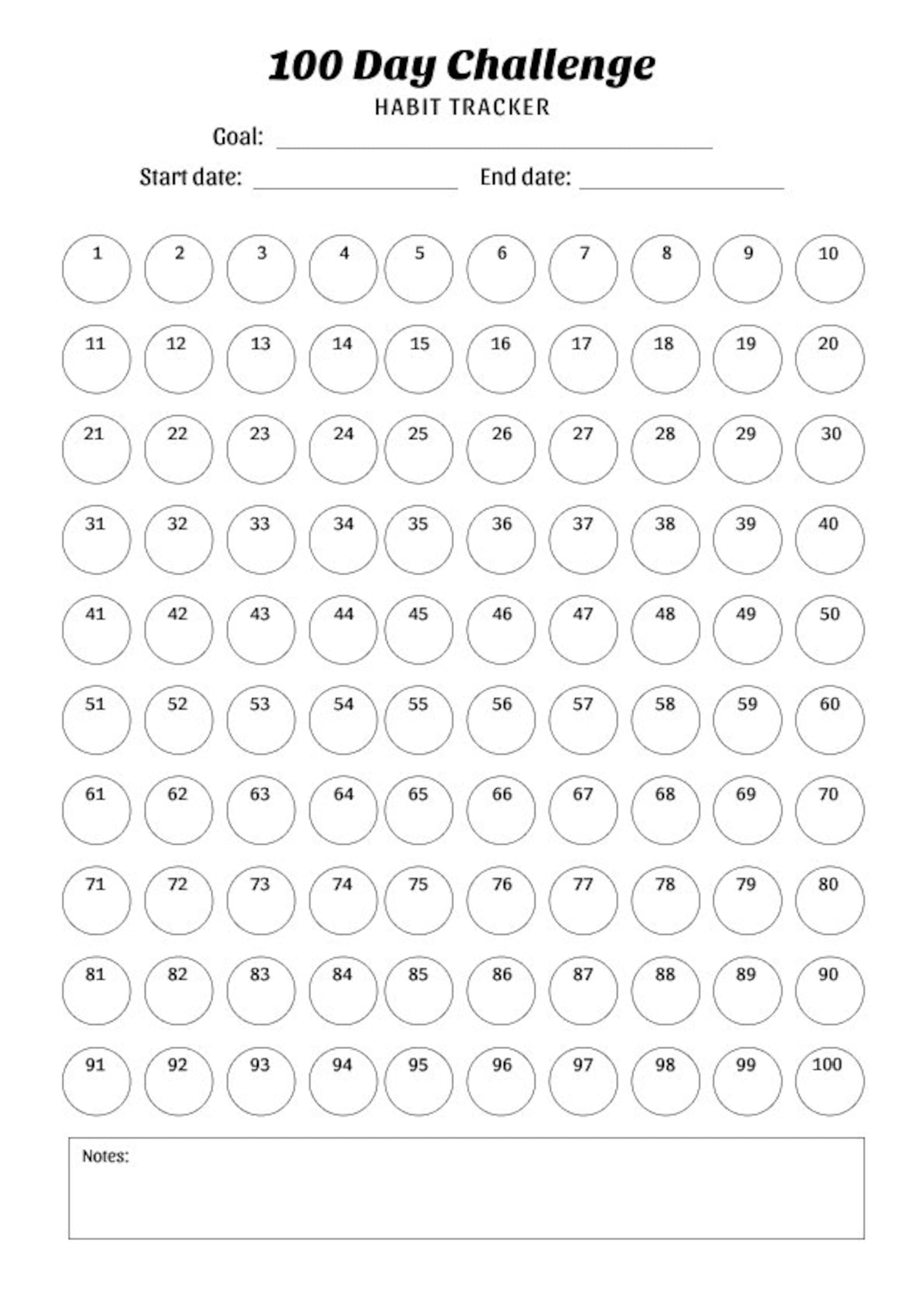 100 Day Challenge Tracker Template - Printable/ Digital Download/ iPad ...