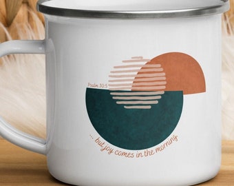 Taza de campamento esmaltada, taza de café con las Escrituras, taza con versículos bíblicos, taza con cita cristiana, la alegría viene por la mañana, devocional,
