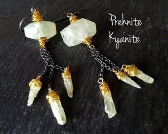 Prehnite And Green Kyanite Artisan Earrings, Extra Long Earrings, Mixed Metals Earrings, Oxidized Silver and Brass Earrings Healling Art