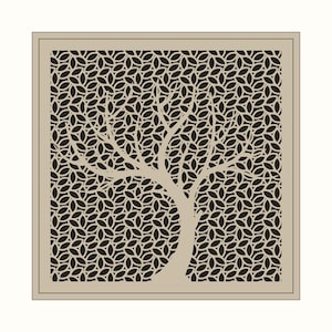 Puede incluir: Un panel decorativo cuadrado con un marco de color beige claro y un diseño central recortado de la silueta de un árbol. El fondo detrás de las ramas del árbol consiste en un patrón denso y repetitivo de hojas de color marrón oscuro.