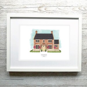 May include: A watercolour illustration of a brick house with a black roof, a yellow door, and two trees with pink flowers. The house is labelled "Sunnymount" with a heart symbol.