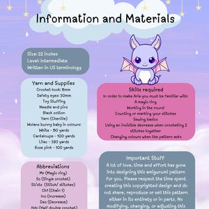 Pu&ograve; includere: Uno schema all'uncinetto per un drago amigurumi viola con ali rosa. Lo schema include le istruzioni per realizzare il drago, un elenco dei materiali necessari e un elenco delle abbreviazioni utilizzate nello schema. Il testo include la frase "Sweet Fluffy Stitches".
