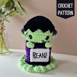 Amigurumi Frankenbeanz Pattern, Halloween toy, Frankenstein, Crochet halloween, Crochet pop,  Frankenstein pattern, Amigurumi pop, Halloween