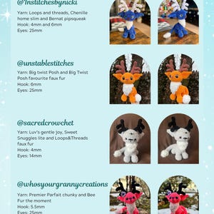 Op de afbeelding: Vier gehaakte rendier amigurumi-speelgoed in verschillende kleuren en garentexturen. De rendieren staan ​​allemaal op een witte achtergrond. De bijschrift bevat de Instagram-handvatten en de gebruikte garen- en haakmaten voor elk rendier.
