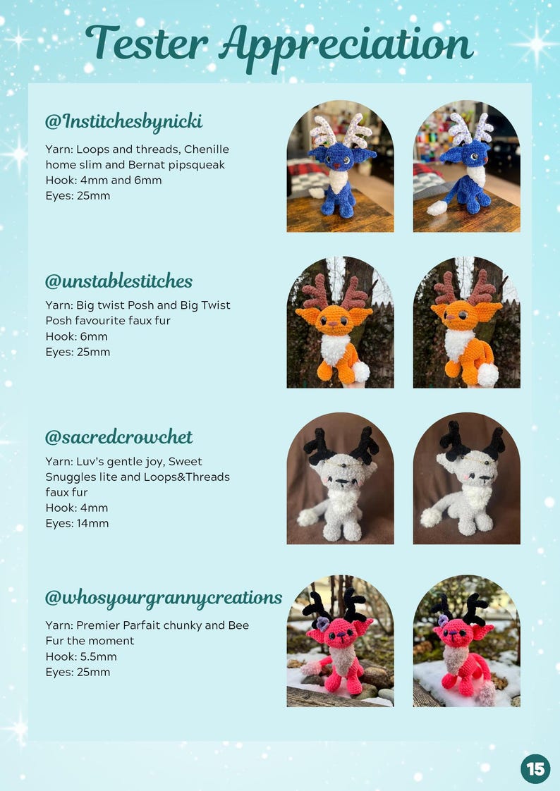 Op de afbeelding: Vier gehaakte rendier amigurumi-speelgoed in verschillende kleuren en garentexturen. De rendieren staan ​​allemaal op een witte achtergrond. De bijschrift bevat de Instagram-handvatten en de gebruikte garen- en haakmaten voor elk rendier.