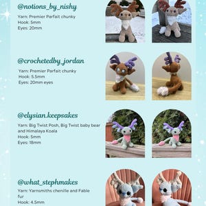 Op de afbeelding: Vier gehaakte knuffels, elk met een ander kleurenschema en garen. De dieren hebben allemaal een vergelijkbaar ontwerp, met grote oren en een lange staart. De tekst "Tester Appreciation" staat bovenaan de afbeelding. De afbeelding bevat ook de gebruikersnamen en garen- en haakgroottes die voor elk dier zijn gebruikt.