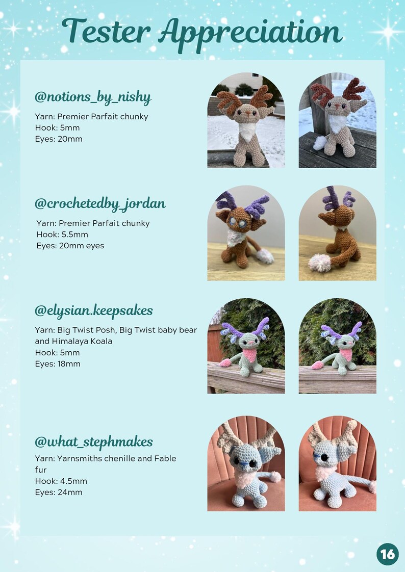 Op de afbeelding: Vier gehaakte knuffels, elk met een ander kleurenschema en garen. De dieren hebben allemaal een vergelijkbaar ontwerp, met grote oren en een lange staart. De tekst "Tester Appreciation" staat bovenaan de afbeelding. De afbeelding bevat ook de gebruikersnamen en garen- en haakgroottes die voor elk dier zijn gebruikt.