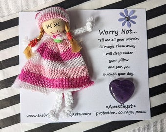 Worry Doll, Anxiety support, Amethyst Heart, worry dolly, crystal gift, worry dolls
