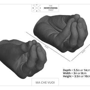 May include: Two grayscale hand sculptures, one open and one closed, with dimensional measurements: depth 5.5 inches, width 3 inches, and height 3.5 inches. The text "MA CHE VUOI" is at the bottom. The Never-Ending Print logo is at the top.
