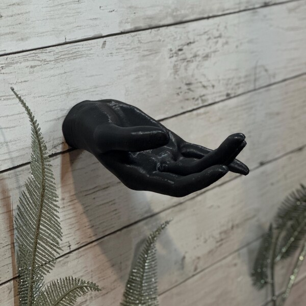 Gancho de mano femenino, relajado, negro brillante, impreso en 3D, para montaje en pared, efecto flotante (S163)