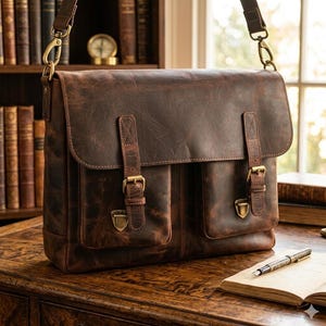 May include: A dark brown leather messenger bag featuring a large front flap, two exterior pockets with buckle straps, and brass-toned metal hardware. The bag includes a detachable shoulder strap with swivel clips and a textured, distressed finish.