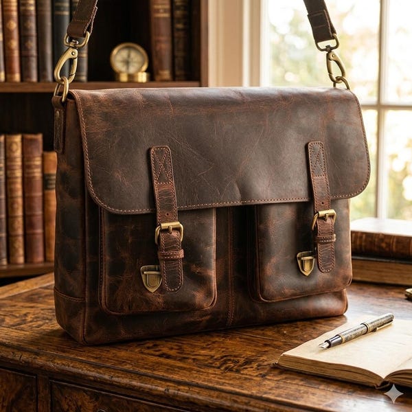 Handmade Buffalo Leather Messenger Bag: Rustic Vintage Briefcase for Work, Travel