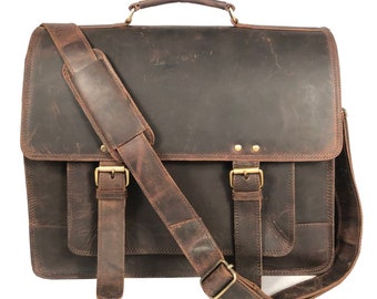 18 inch Large Retro full grain genuine Hunter Leather Laptop Messenger Bag Office Briefcase College bag portfolio work bag Leather satchel