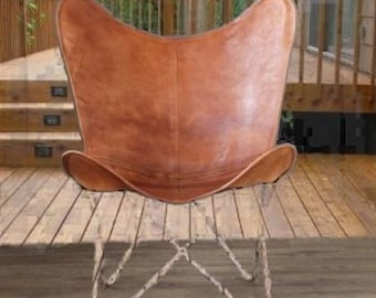 Handcrafted Goat Leather Butterfly Chair, Personalized Cover & Folding Stand