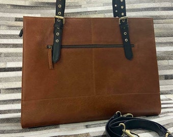 Full Grain Leather Laptop Tote, Brown Leather Workbag, Personalized