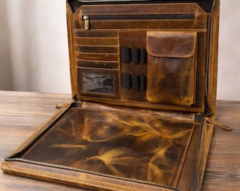 Personalized Leather Portfolio, Zippered A4 Padfolio, Document Organizer