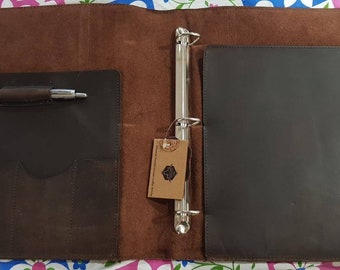 Genuine Leather 3-Ring Binder, Dark Brown Portfolio Organizer