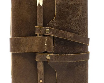 Antique Dark brown Crazy-Horse Leather Journal (Handmade) - Leather Cord Coptic Bound and leather tie closure Active