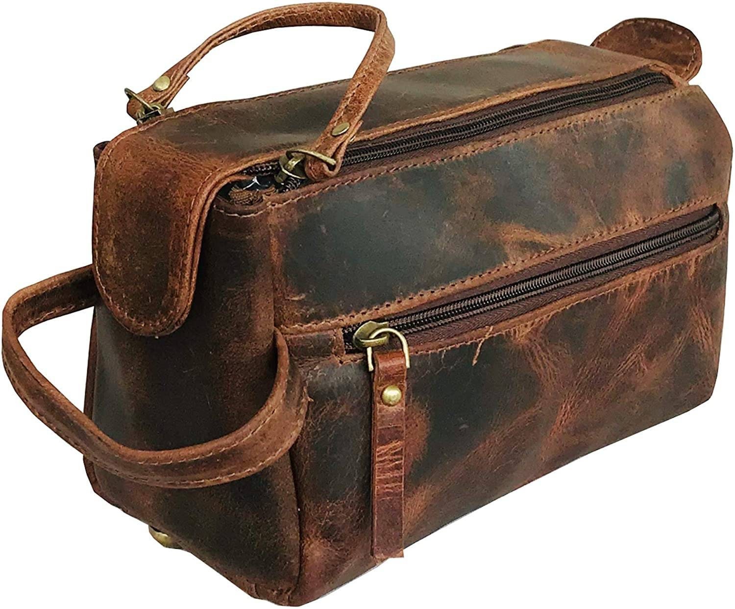 Komalc Genuine Buffalo Leather Unisex Toiletry Bag Travel Dopp Kit