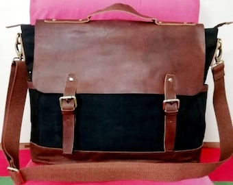 Waxed Canvas Leather Laptop Messenger Bag | Unisex Shoulder Bag