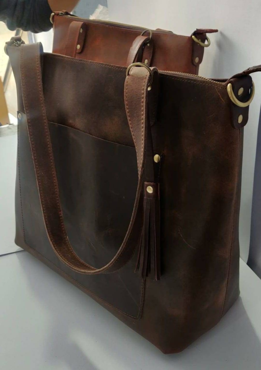Brown Leather Tote Bag for Woman Large Work Purse Shopper Bag Handmade