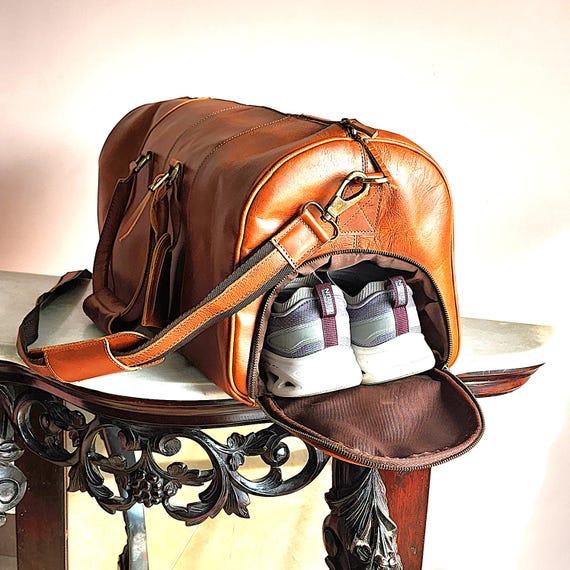 Shoe Compartment Leather Duffle Bag Mens Personalized Personalised