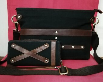 Bolso bandolera de lona encerada, pequeño bolso bandolera con cremallera y ribete de cuero.