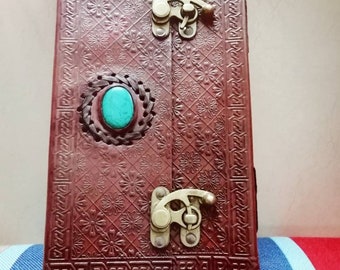 Leather Notebook handmade leather journal with lock book of shadows Blue Stone diary gift book