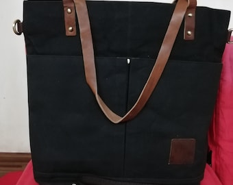 Waxed Canvas Tote with Leather Handles & Pockets